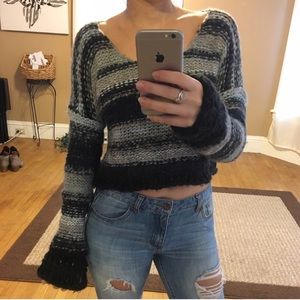 Free People Black and Gray Striped Sweater